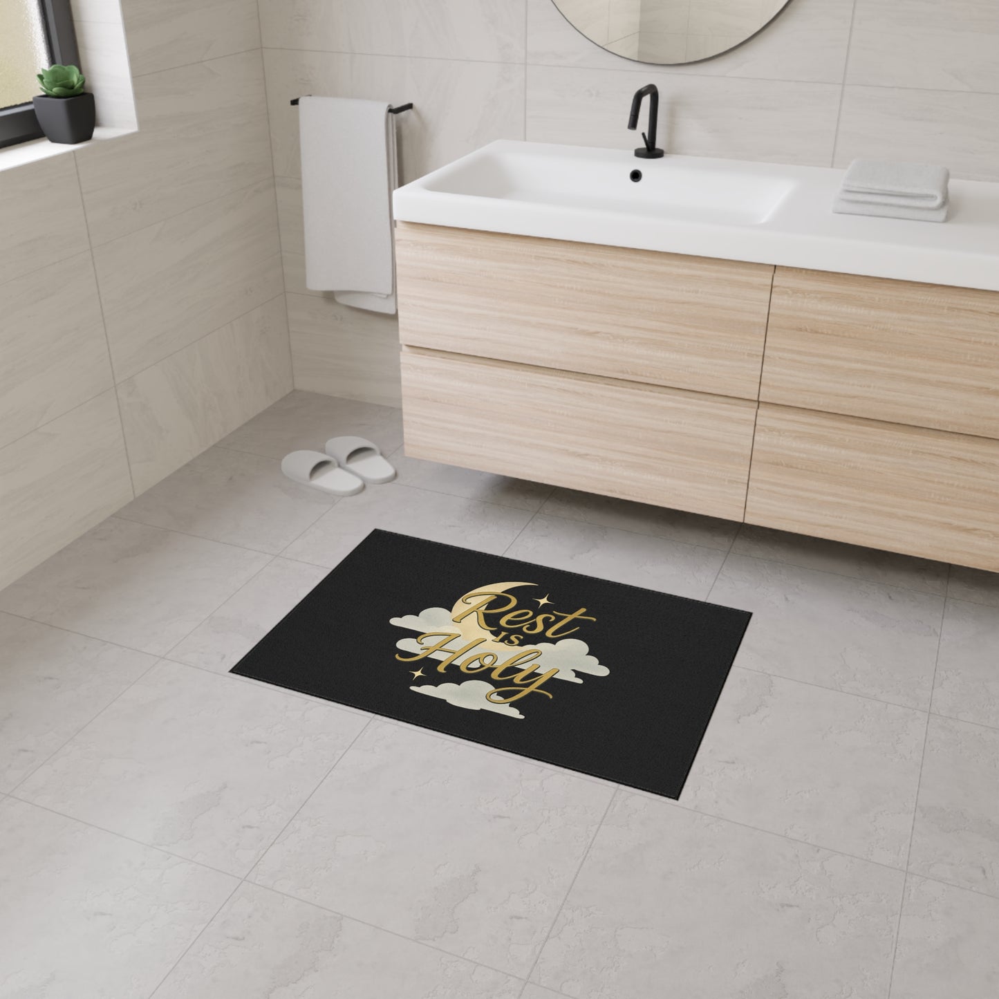 Rest is Holy Heavy Duty Floor Mat - Inspirational Entrance Rug, Home Decor, Relaxation Gift, Meditation Mat, Spiritual Floor Decor