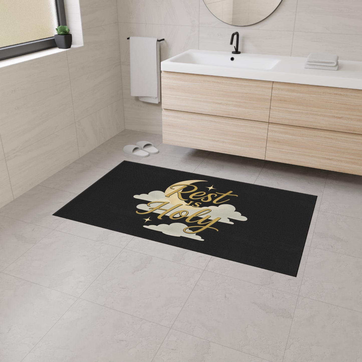 Rest is Holy Heavy Duty Floor Mat - Inspirational Entrance Rug, Home Decor, Relaxation Gift, Meditation Mat, Spiritual Floor Decor