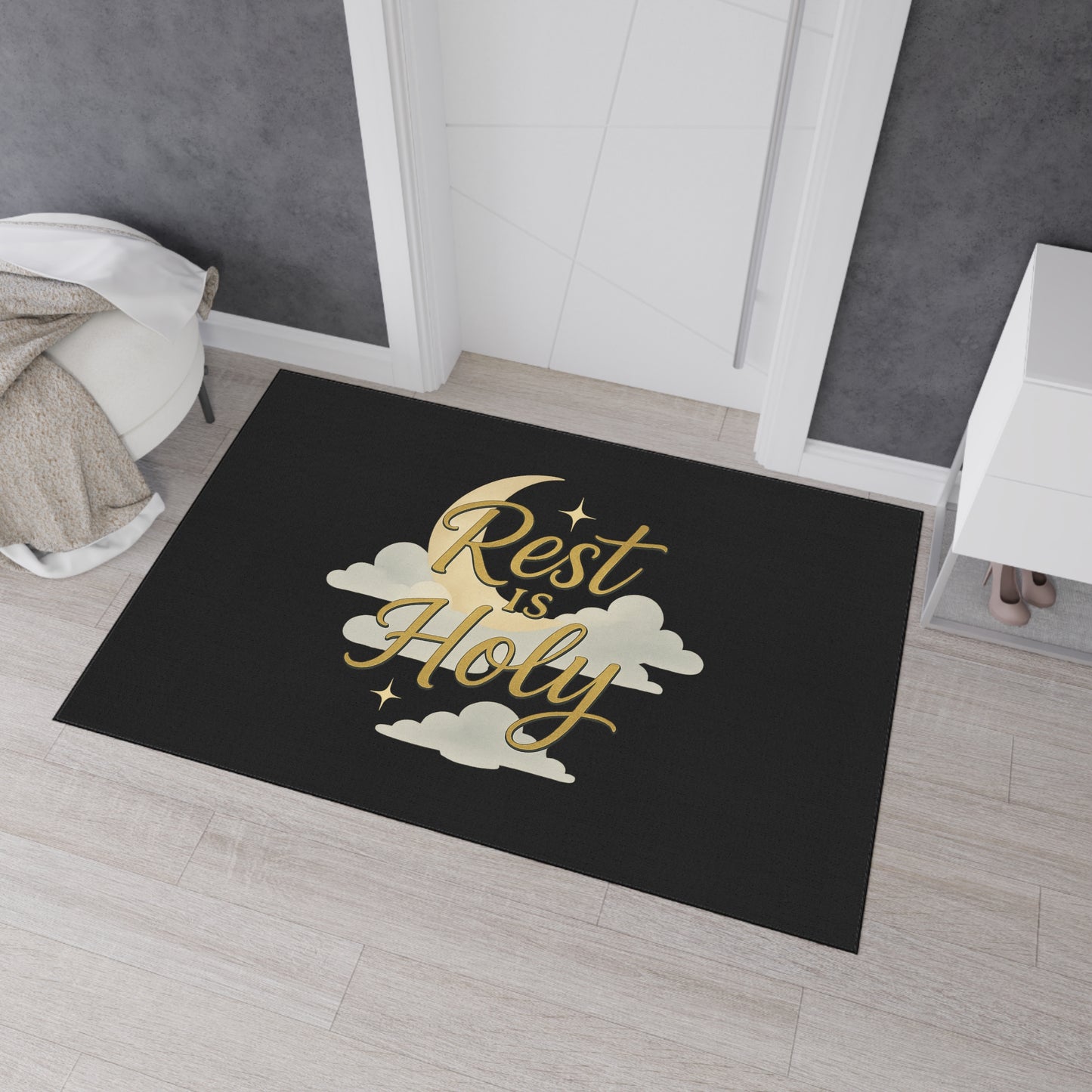 Rest is Holy Heavy Duty Floor Mat - Inspirational Entrance Rug, Home Decor, Relaxation Gift, Meditation Mat, Spiritual Floor Decor