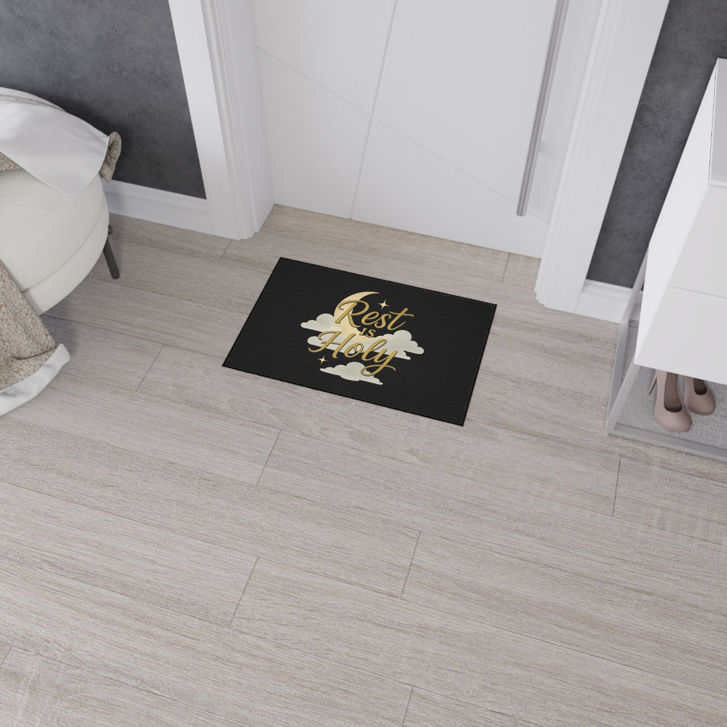 Rest is Holy Heavy Duty Floor Mat - Inspirational Entrance Rug, Home Decor, Relaxation Gift, Meditation Mat, Spiritual Floor Decor