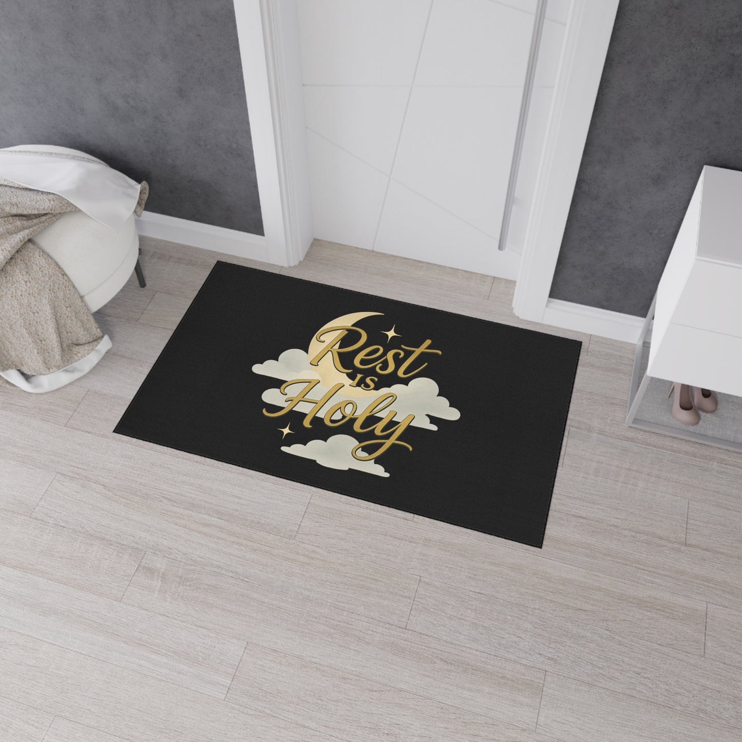 Rest is Holy Heavy Duty Floor Mat - Inspirational Entrance Rug, Home Decor, Relaxation Gift, Meditation Mat, Spiritual Floor Decor