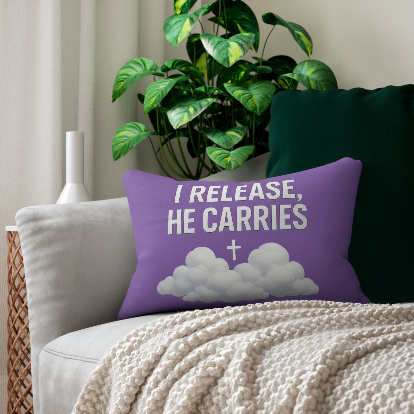 Inspirational Lumbar Pillow, Faith-Based Home Decor, ‘I Release, He Carries’, Christian Gift, Relaxing Cushion, Prayer Decor