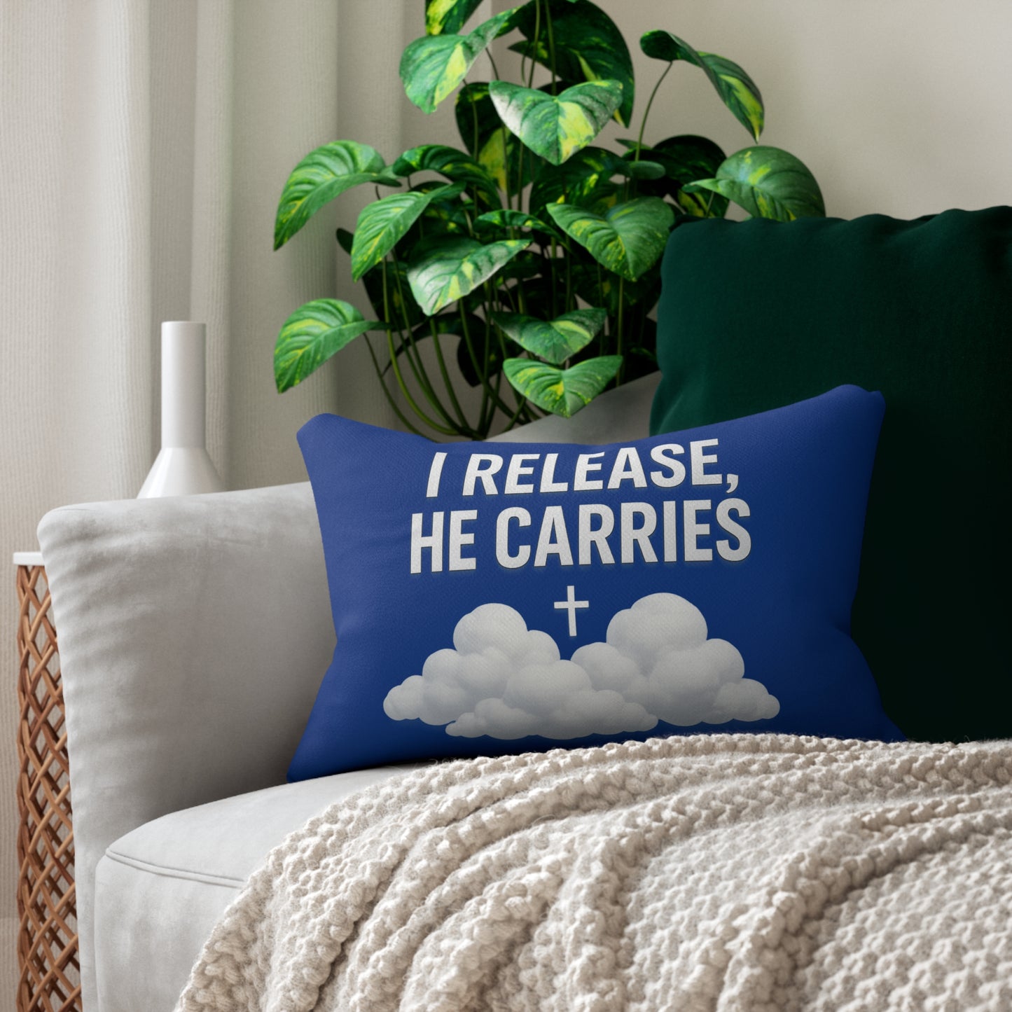 Inspirational Lumbar Pillow: I Release, He Carries - Cozy Home Decor, Faith-Based Gift, Relaxation, Uplifting Message, Spiritual Comfort