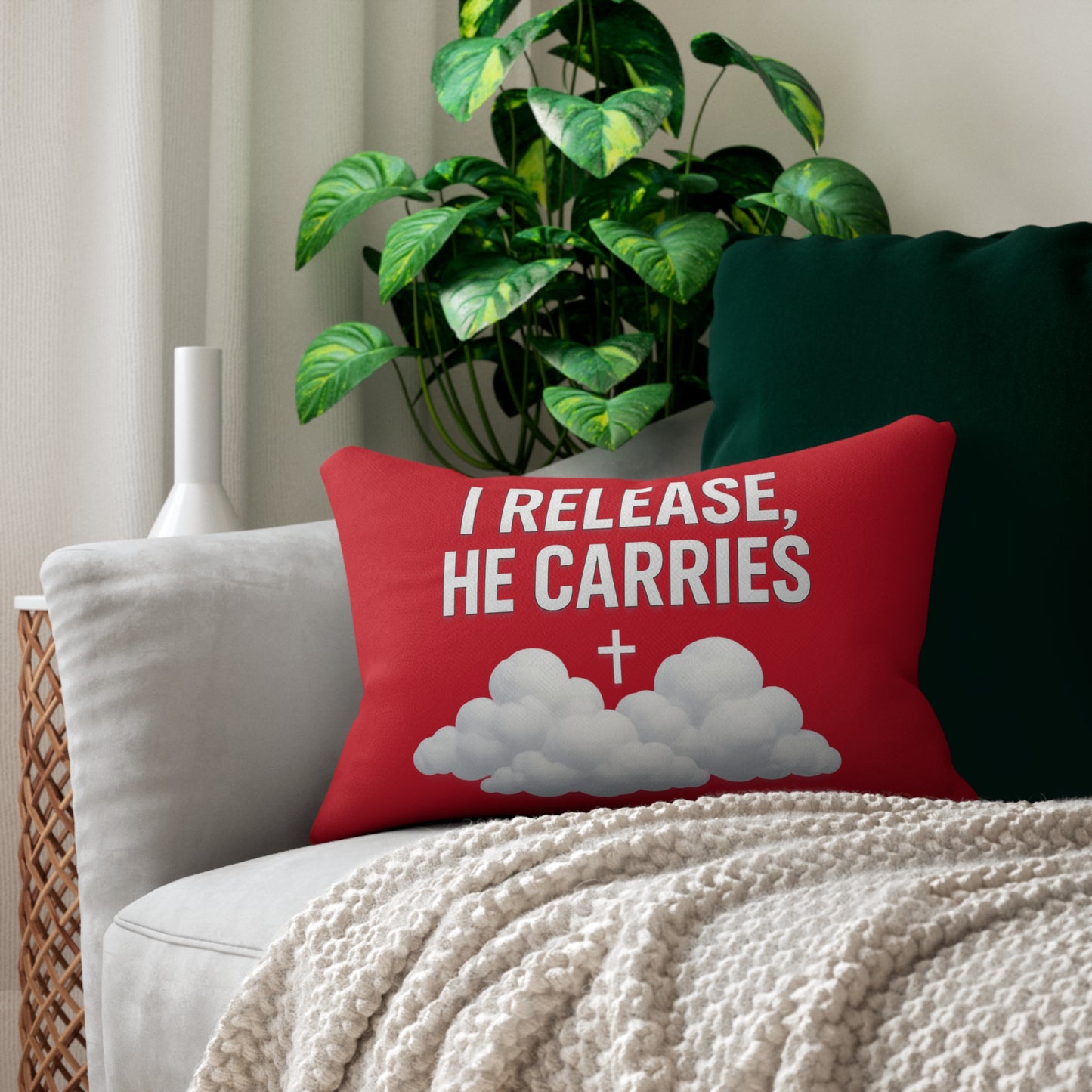 Faith-Inspired Lumbar Pillow - "I Release, He Carries" Cushion for Home Decor, Christian Gift, Comfort, Encouragement, Quotes